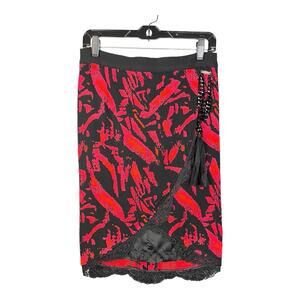 Tricot Chic Womens Red Black Knit Skirt Front Slit Lace Metal Chain Sz 4/6 VTG‎